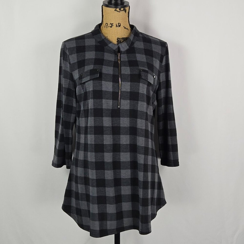 Ninedaily XL Plaid Tunic Top Black Gray Check Zip Roll‎ Tab Sleeve Casual Shirt